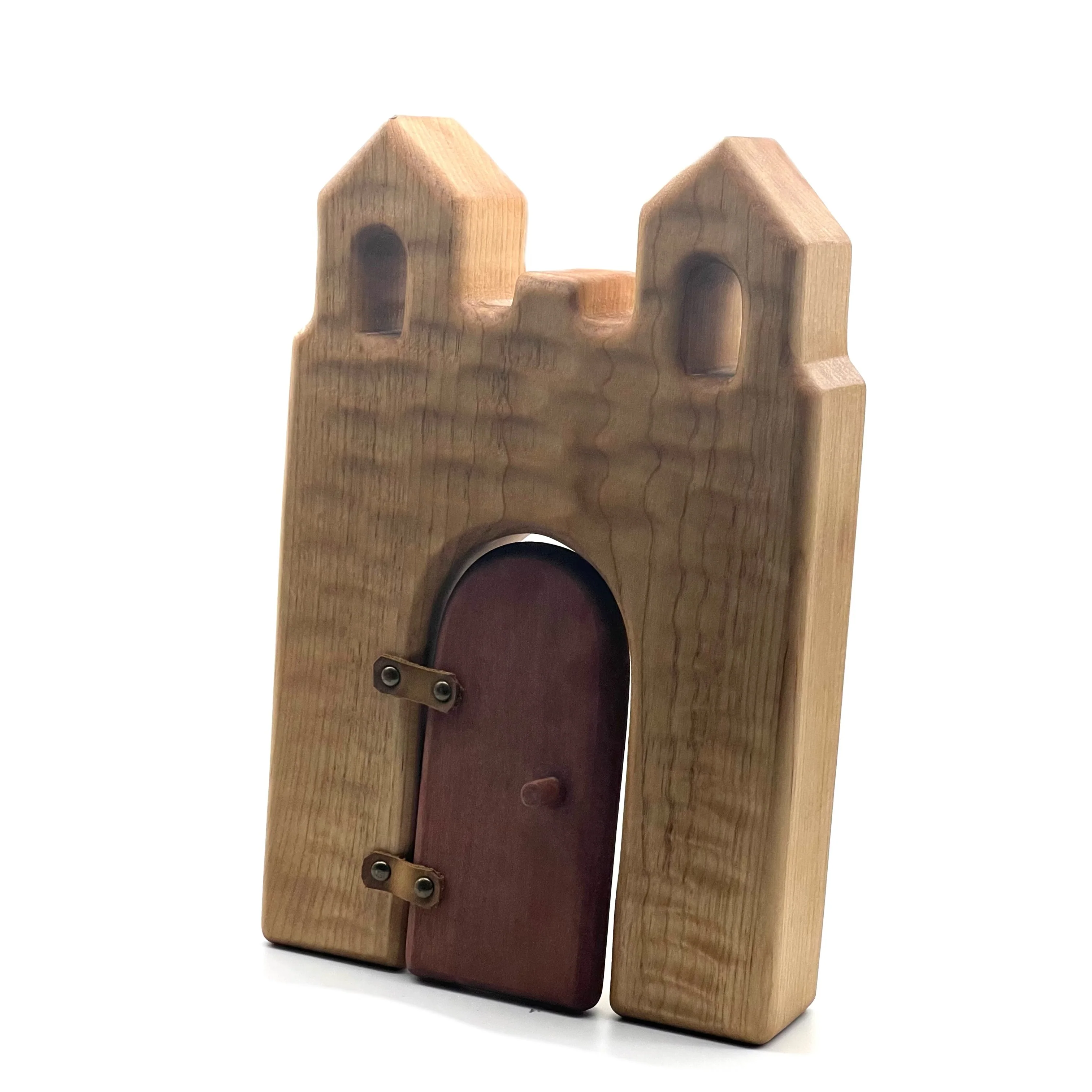 Handcrafted Open Ended Wooden Toy Castles - Twin Tower with Door - Image 3