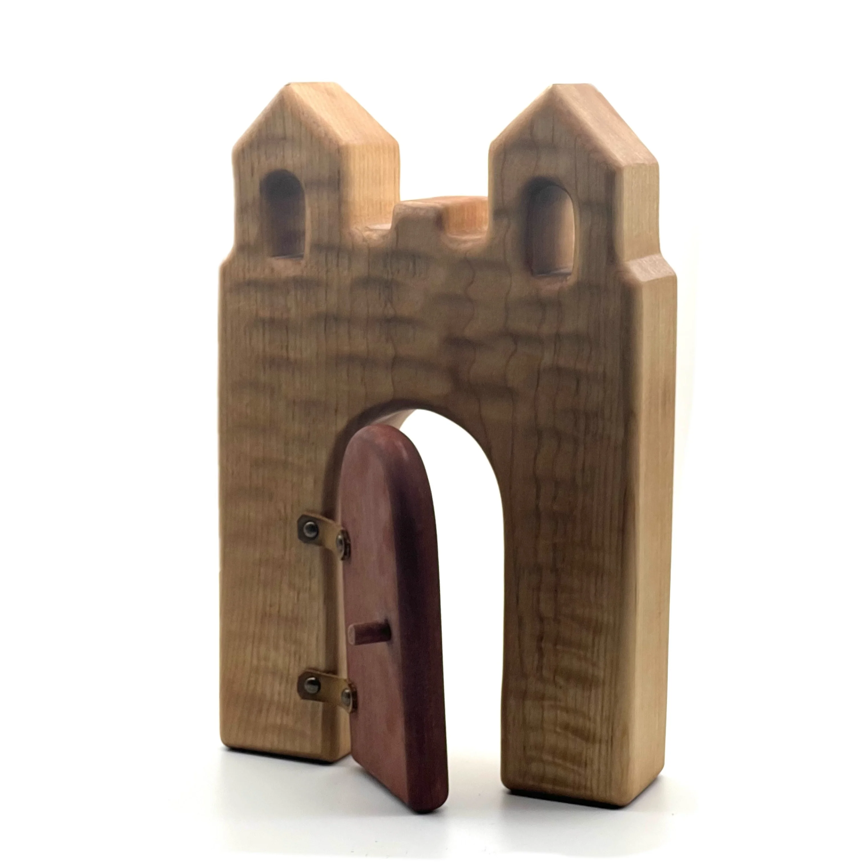 Handcrafted Open Ended Wooden Toy Castles - Twin Tower with Door - Image 4