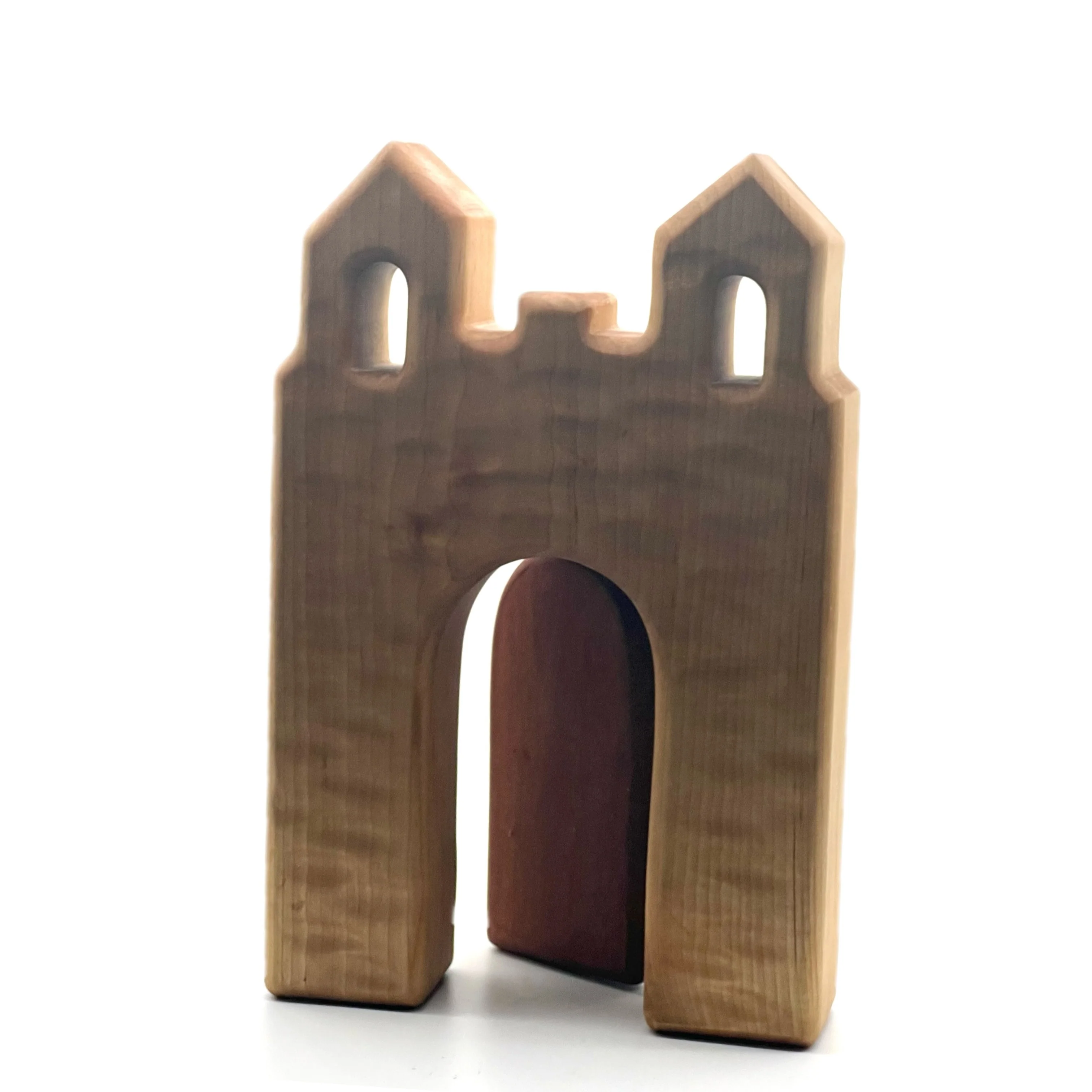 Handcrafted Open Ended Wooden Toy Castles - Twin Tower with Door - Image 5