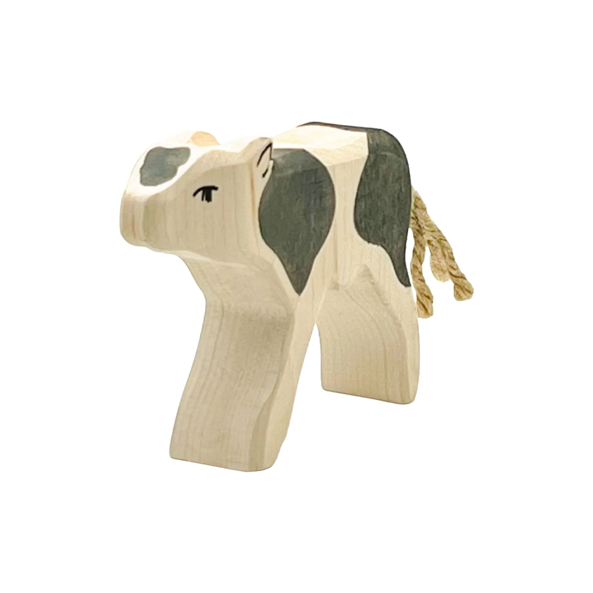Handcrafted Open Ended Wooden Toy Farm Animal - Calf b&w drinking - Image 2