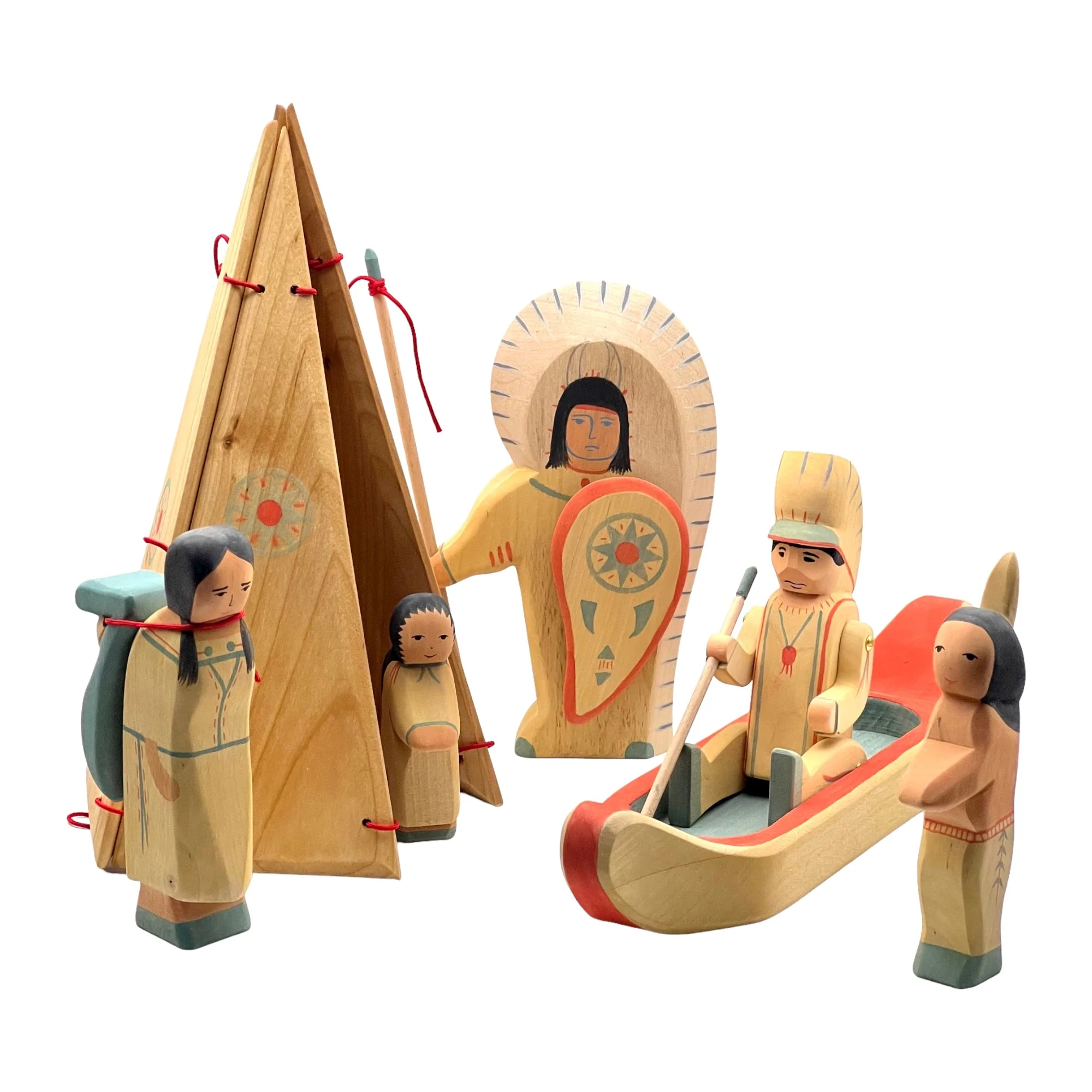 Handcrafted Open Ended Wooden Toy Figure Family -  Indigenous American Sitting with Pipe - Image 4
