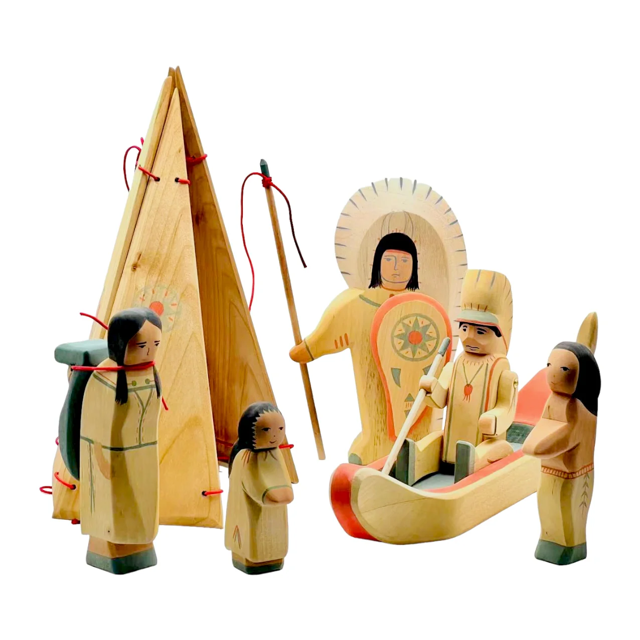 Handcrafted Open Ended Wooden Toy Figure Family -  Indigenous American Set of 8 Pieces - Image 4