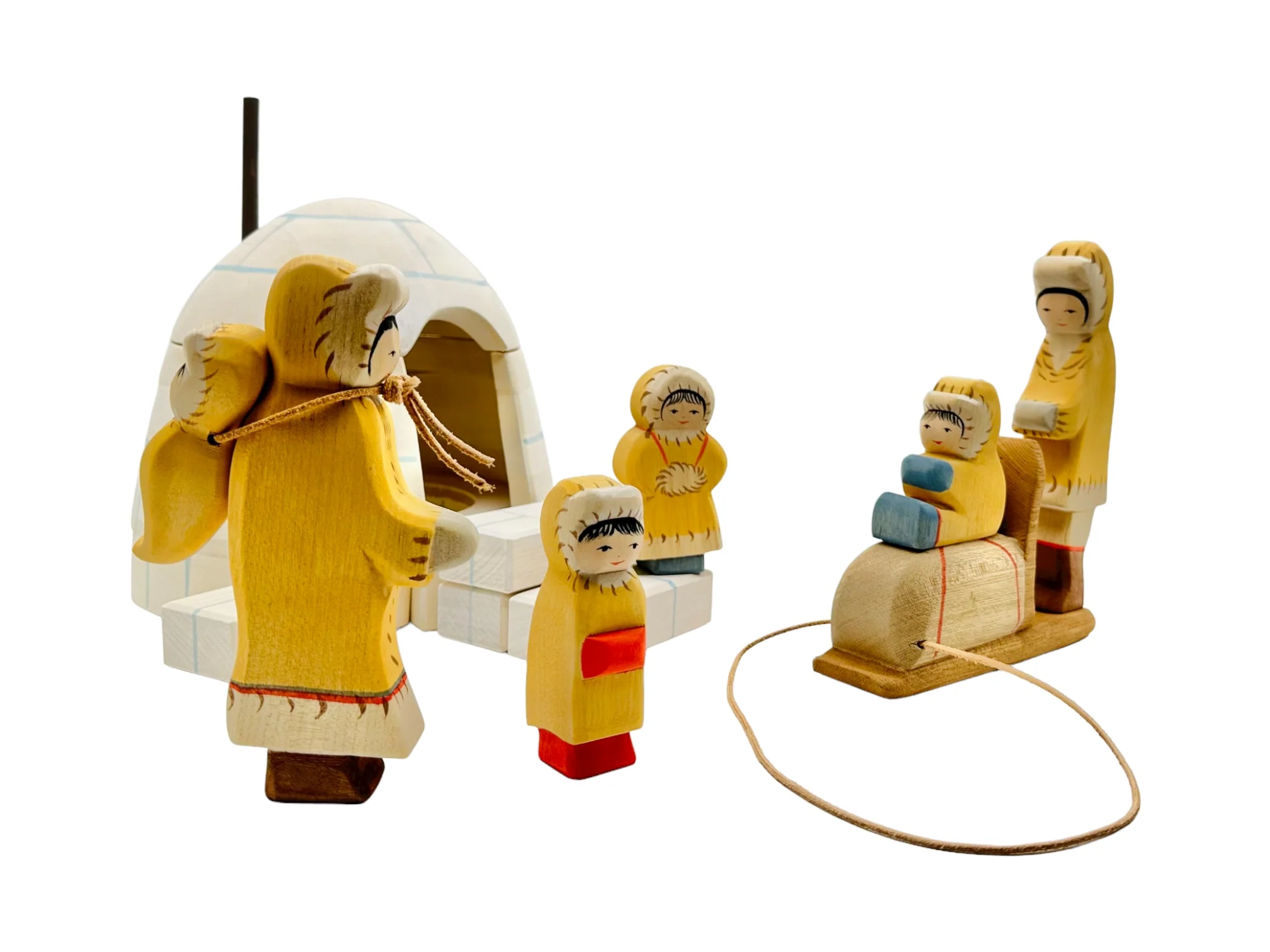 Handcrafted Open Ended Wooden Toy Figure Family - Inuit Family Set of 7 Pieces - Image 6