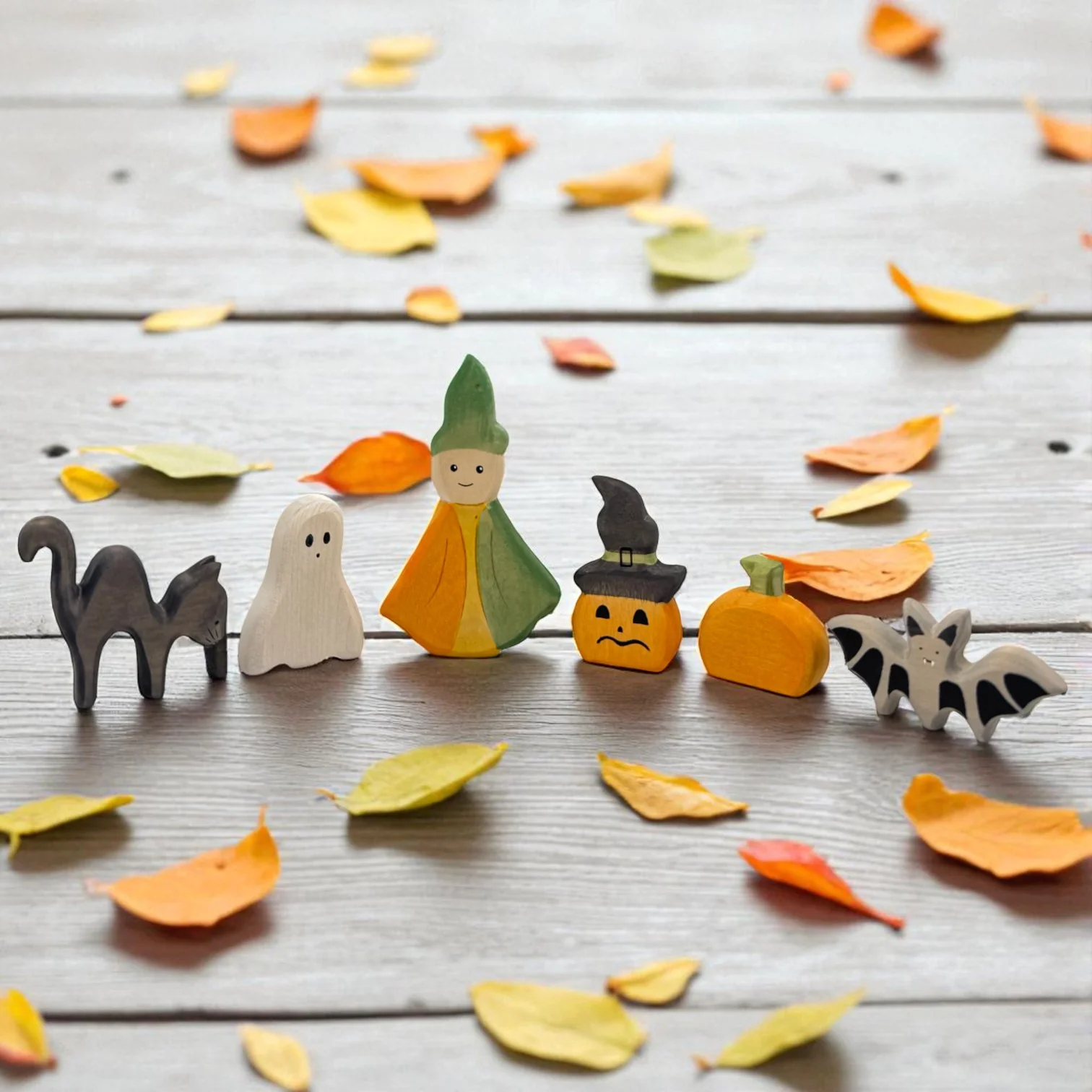 Handcrafted Open Ended Wooden Toy Holiday Set - 6 Pieces Sprite & Halloween Friends Set - Image 3