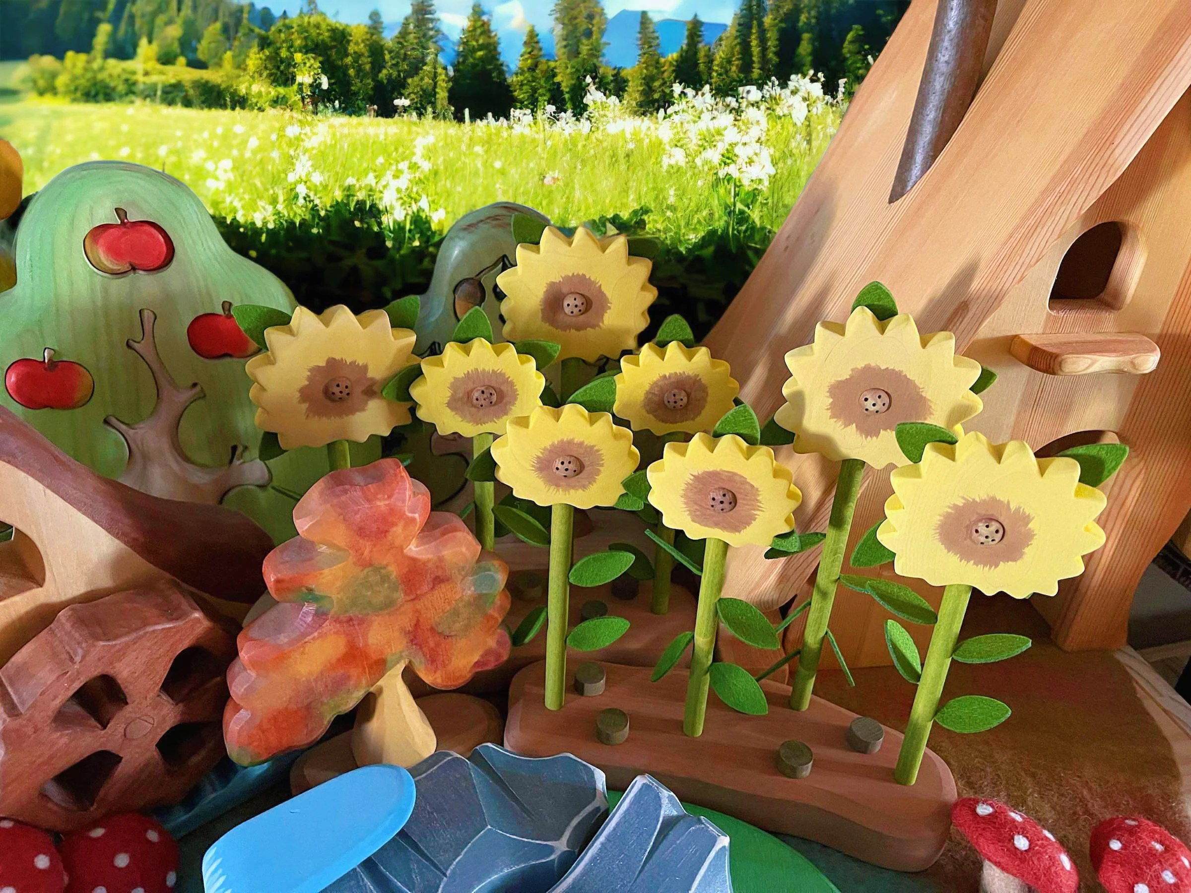 Handcrafted Open Ended Wooden Toy Tree and Landscaping - Sunflowers Set - Image 3