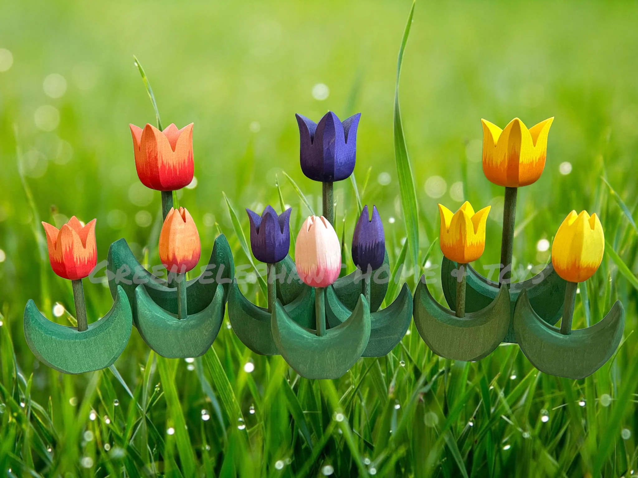 Handcrafted Open Ended Wooden Toy Tree and Landscaping - Tulip Flower Small Orange Bloom - Image 5