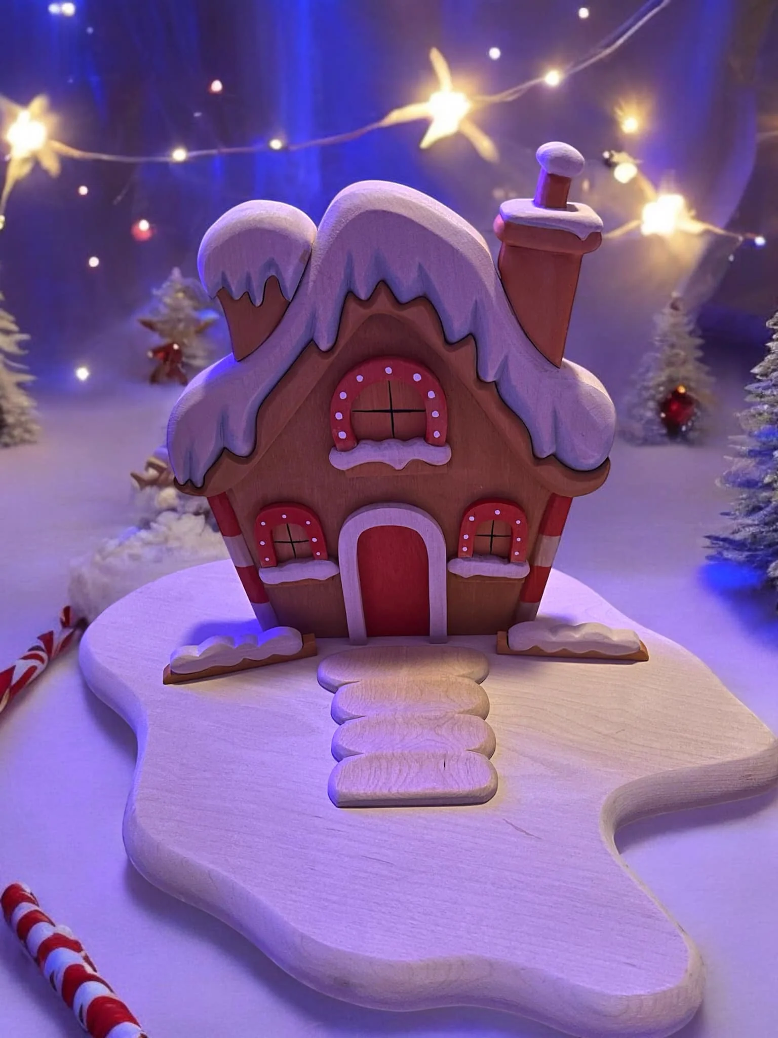 Handcrafted Wooden Christmas House with Base and Removable Parts - Image 3