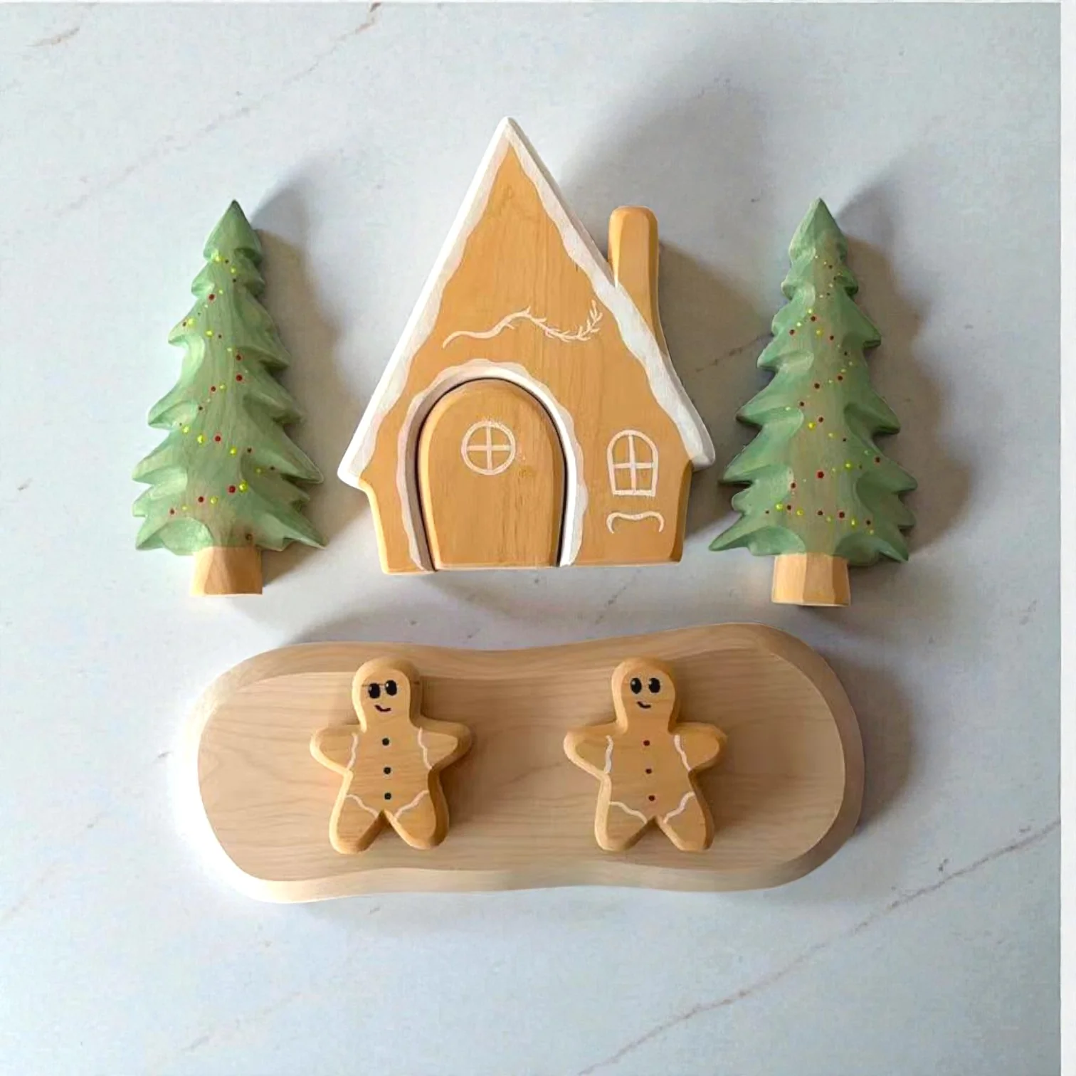 Wooden Gingerbread House Play Set – Winter Wooden Village with Trees & Gingerbread Figures - Image 3